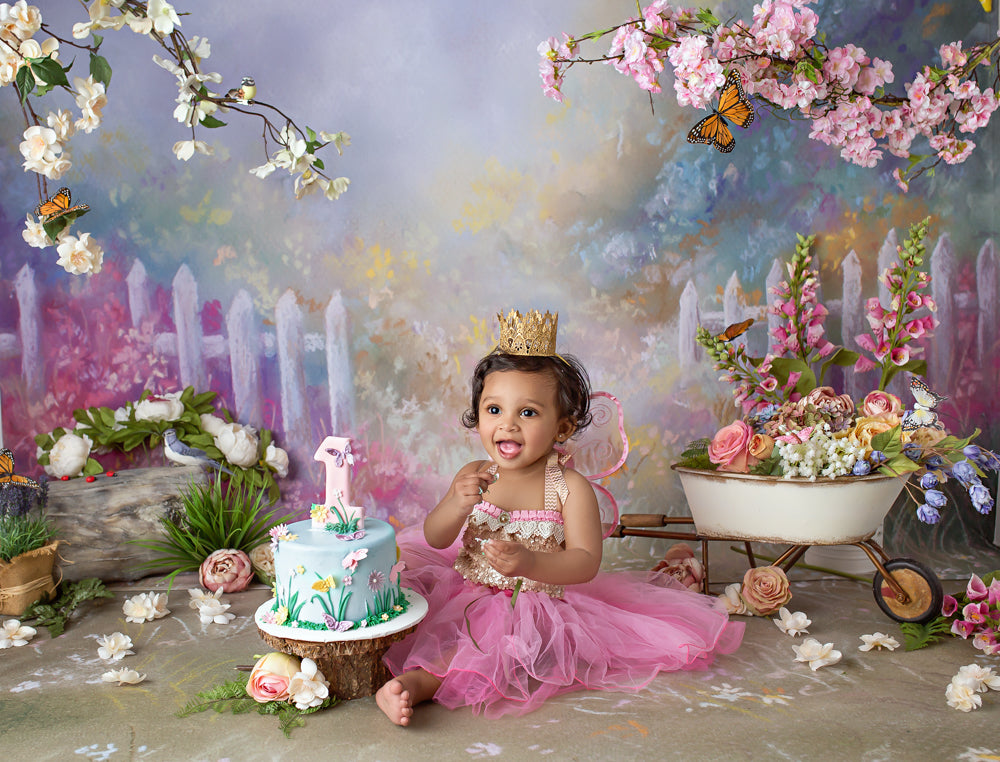 Avezano Hand Drawn Flowers And Wooden Fence Baby Birthday Photography Backdrop-AVEZANO